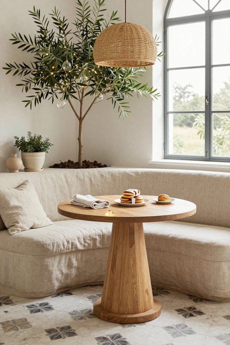 Corner indoor seating area with beige curved sofa, round wooden pedestal table holding plates of pastries and napkins, potted olive tree strung with fairy lights and clear glass baubles, woven pendant light, small potted plant, and arched window overlooking greenery.