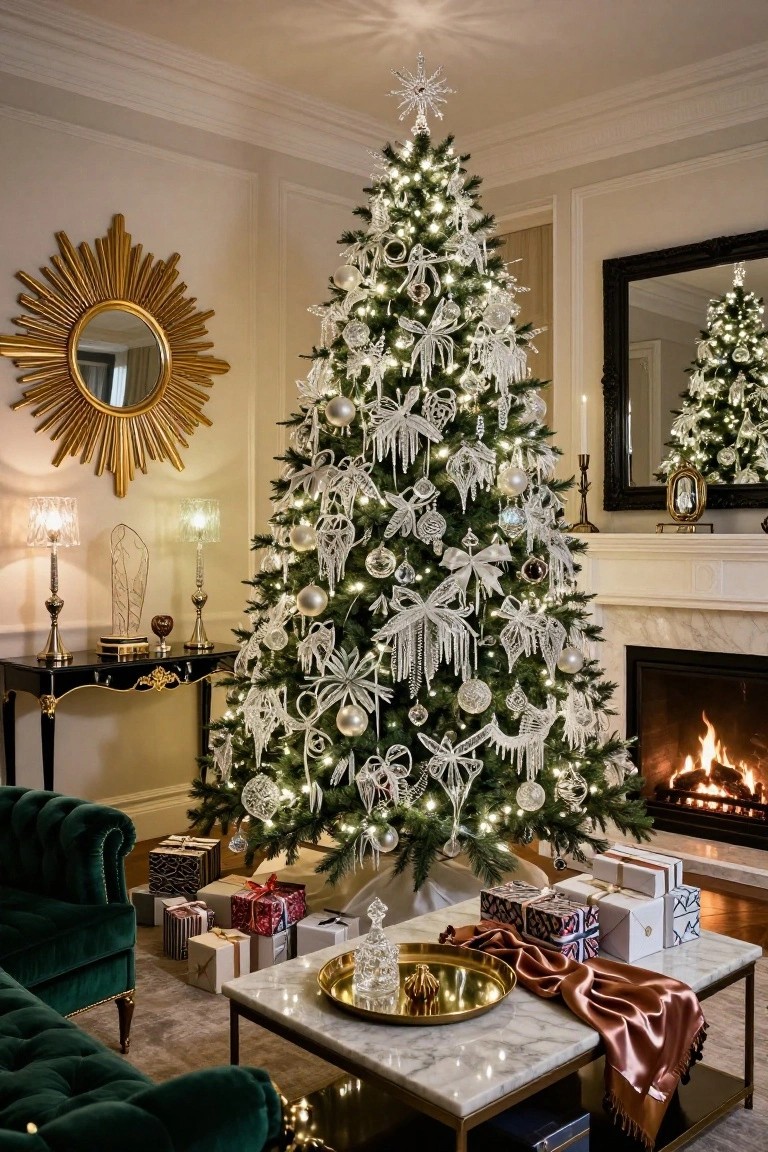 Tall lit Christmas tree decorated with white crystal ornaments, bows, and icicles in a formal living room with marble fireplace, green velvet armchairs, wrapped gifts on marble table, and gold mirror.