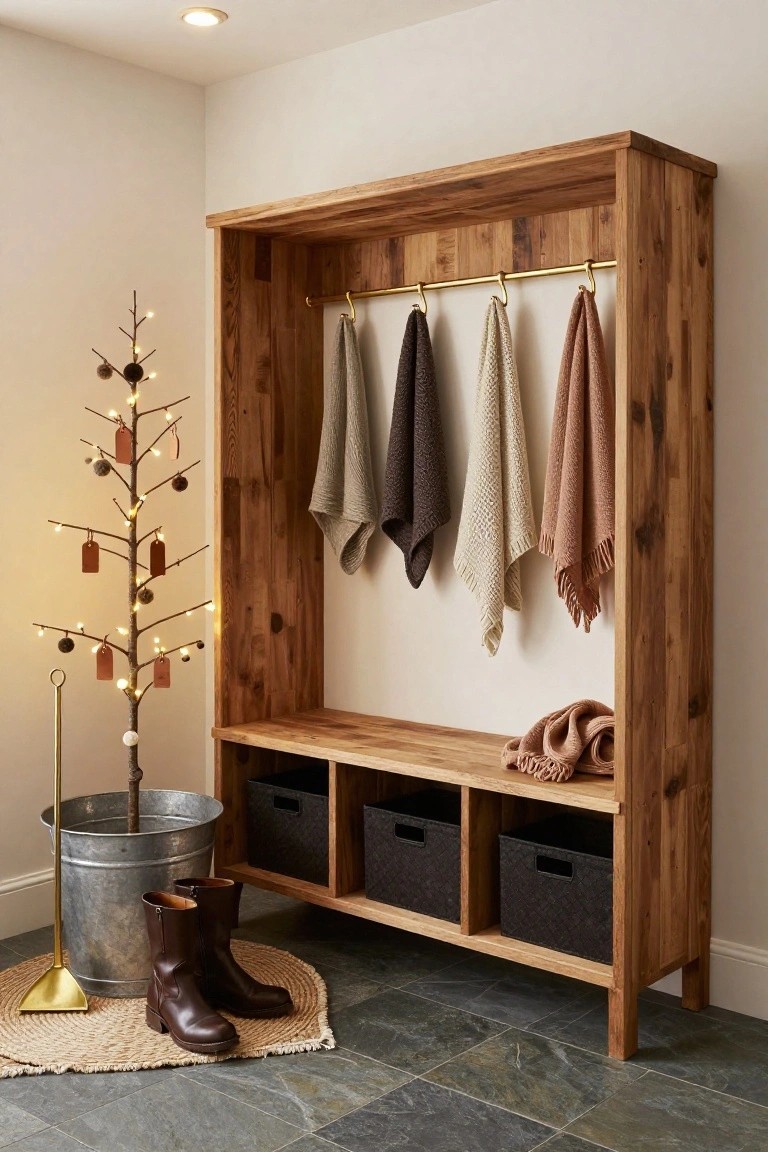 Rustic wooden entryway cabinet with brass hanging rod draped in beige, gray, brown, and pink towels, built-in bench with black bins, small lit twig tree decorated with lights, tags, and pom poms in a galvanized bucket, brown leather boots on seagrass rug beside slate floor tiles.