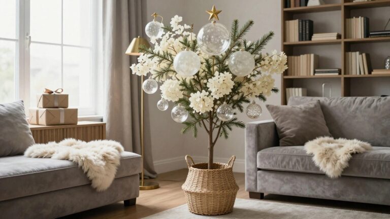 Modern living room corner with slim flocked Christmas tree decorated with white hydrangea clusters and clear glass ornaments, gray L-shaped sofa with fur throw, bookshelves, desk lamp, and large windows.