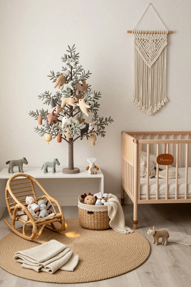 Neutral nursery room with a tall fabric Christmas tree decorated in plush animal ornaments, wooden crib labeled "Heen", rattan rocking chair holding stuffed toys, woven basket, and seagrass rug on light wood floor.