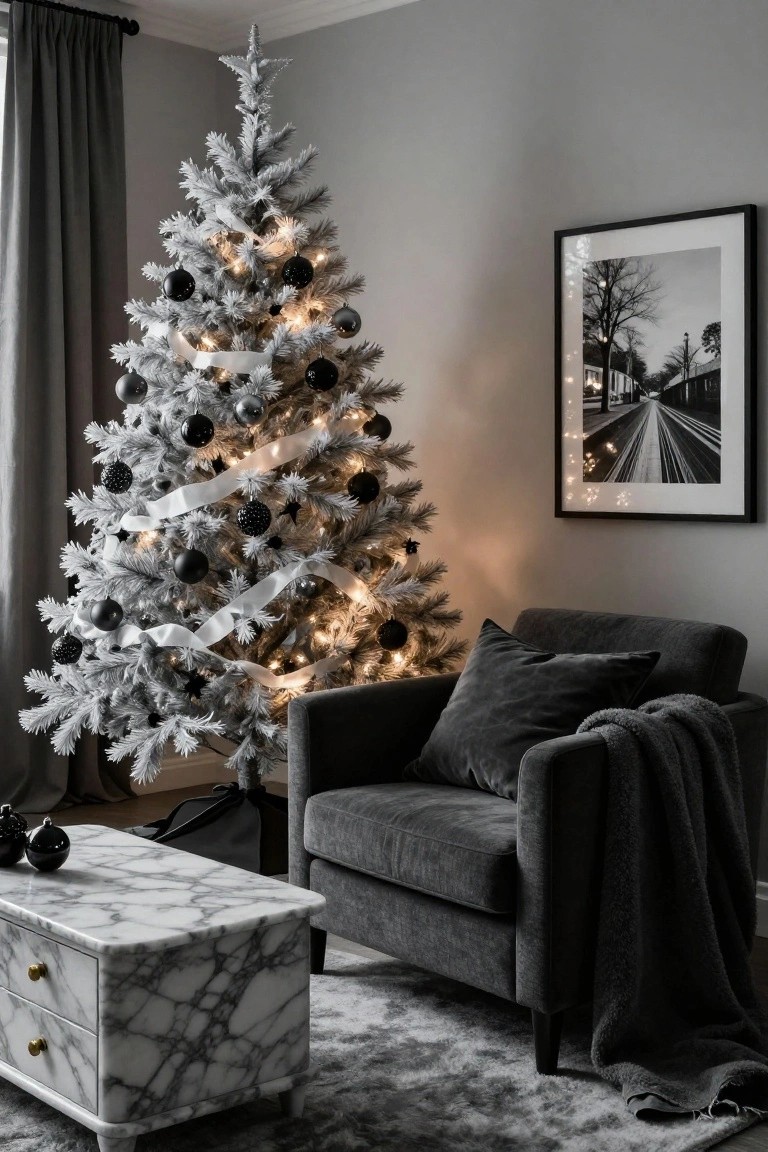 Flocked white artificial Christmas tree decorated with black spherical ornaments, white ribbons, and string lights in a grey living room with a dark velvet armchair, marble coffee table, and black and white framed photo on the wall.