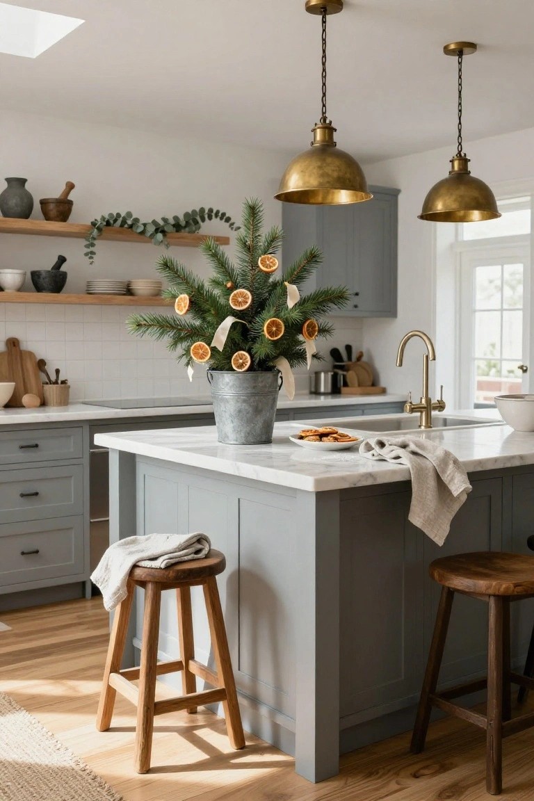 Cozy kitchen with a potted evergreen, dried oranges, gold pendant lights, and wooden stools.