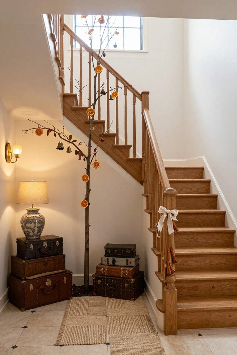 Tall tree branch decorated with dried orange slices, bells, and leaves stands beside a wooden staircase in a bright entry area with stacked vintage suitcases and a lamp nearby.