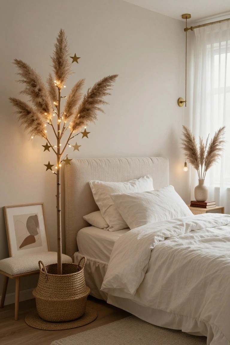 Tall pampas grass arranged like a tree with fairy lights and gold star decorations stands in a seagrass basket next to a bed with white linens in a beige-walled bedroom.