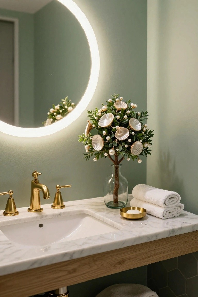 Close-up of a marble bathroom vanity with a gold faucet and sink, a small artificial tree decorated with white seashells and pearls in a glass vase, stacked white towels, a gold dish, and a round LED-lit mirror against a sage green wall.