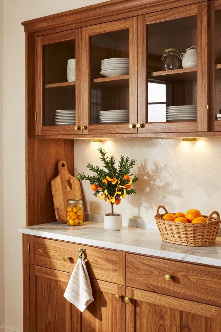 Wooden kitchen hutch with glass doors displaying stacked white plates and glass jars, a small potted rosemary tree decorated with oranges on the side shelf, marble countertop below holding a wicker basket of oranges, jar of pickled kumquats, and wooden cutting board with towel on drawer pull.