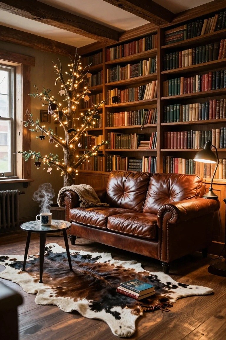 Wood-paneled library room with tall bookshelves filled with books, a slender lit-up branch Christmas tree decorated with white animal ornaments, brown leather loveseat on a cowhide rug, small round table with steaming mug, and adjustable desk lamp.