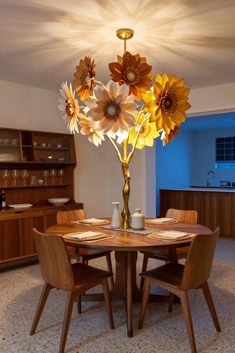 Dining room with a large golden chandelier shaped like a tree bearing multiple sunflower lampshades over a round wooden table set with placemats and dishes, wooden chairs, sideboard cabinets, and a glimpse of kitchen in the background.