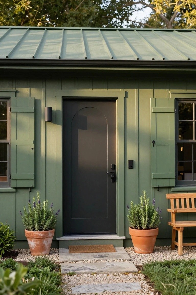 Small green board-and-batten shed with dark green metal roof, black arched front door, green shutters on side windows, wall light, potted rosemary plants, wooden bench, and gravel path with stone steps.