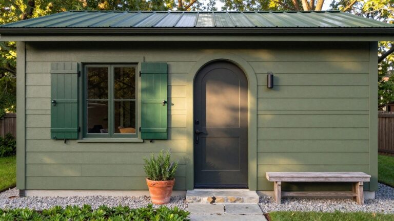 Small green board-and-batten shed with dark green metal roof, black arched front door, green shutters on side windows, wall light, potted rosemary plants, wooden bench, and gravel path with stone steps.