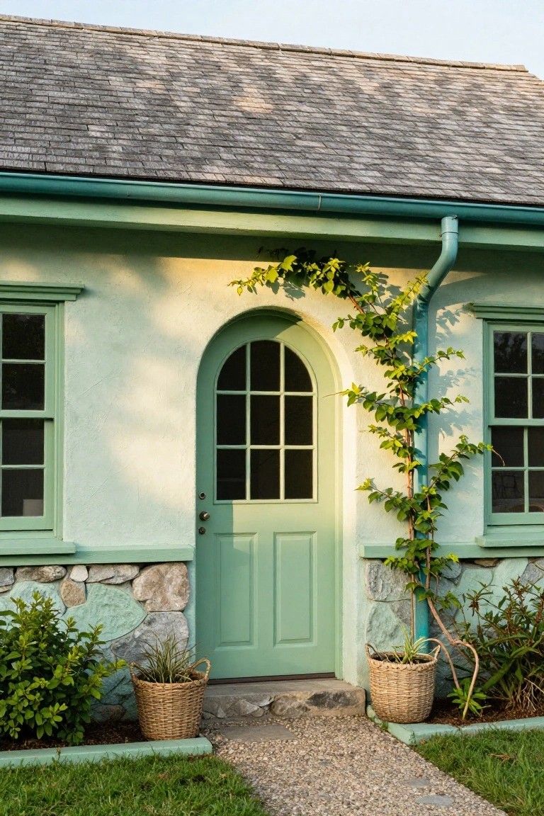 Pale green stucco cottage exterior with arched green door featuring nine-pane window, flanked by matching green windows, climbing ivy along turquoise gutter, stone base, potted plants in baskets, and gravel path on grass.