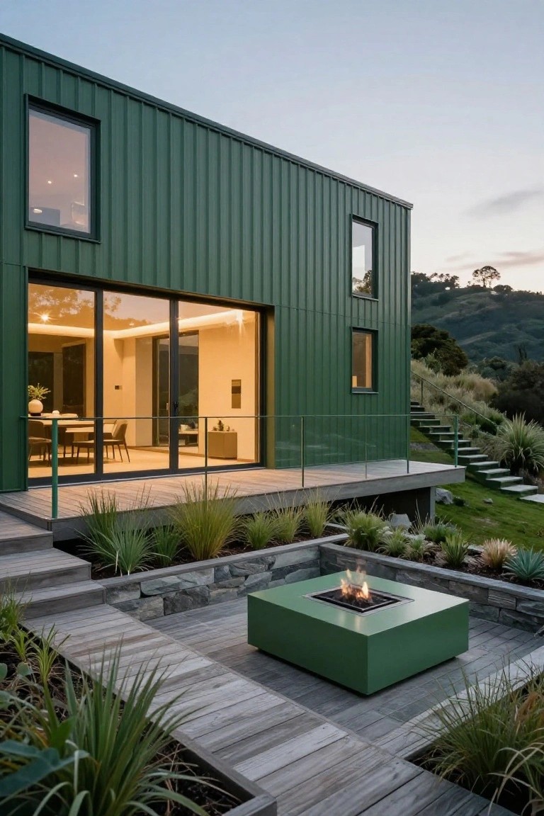 Green corrugated metal-clad house exterior with large sliding glass doors opening onto a wooden deck with matching green fire pit table, stone retaining walls, grasses, stairs, and hillside landscape at dusk.