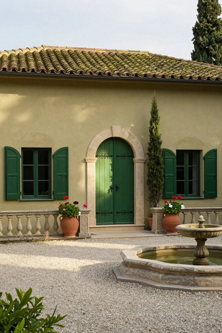 Pale ochre stucco house exterior with green double front doors in a stone arched frame, green shutters on two windows, terracotta tile roof with moss, two tall cypress trees, potted red geraniums, stone balustrade, and octagonal stone fountain in gravel courtyard.