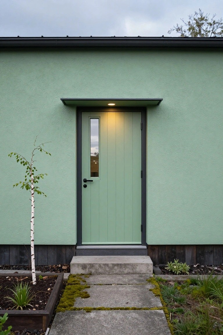 Pale green house exterior wall with matching vertical-paneled green front door in black frame, lit from above, next to young birch tree, concrete step, and garden bed.