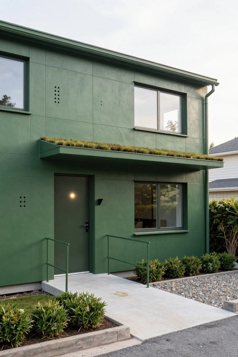 Green paneled house exterior with large windows, dark green entry door under a cantilevered green awning topped with sedum plants, concrete walkway, and low green shrubs at the base.