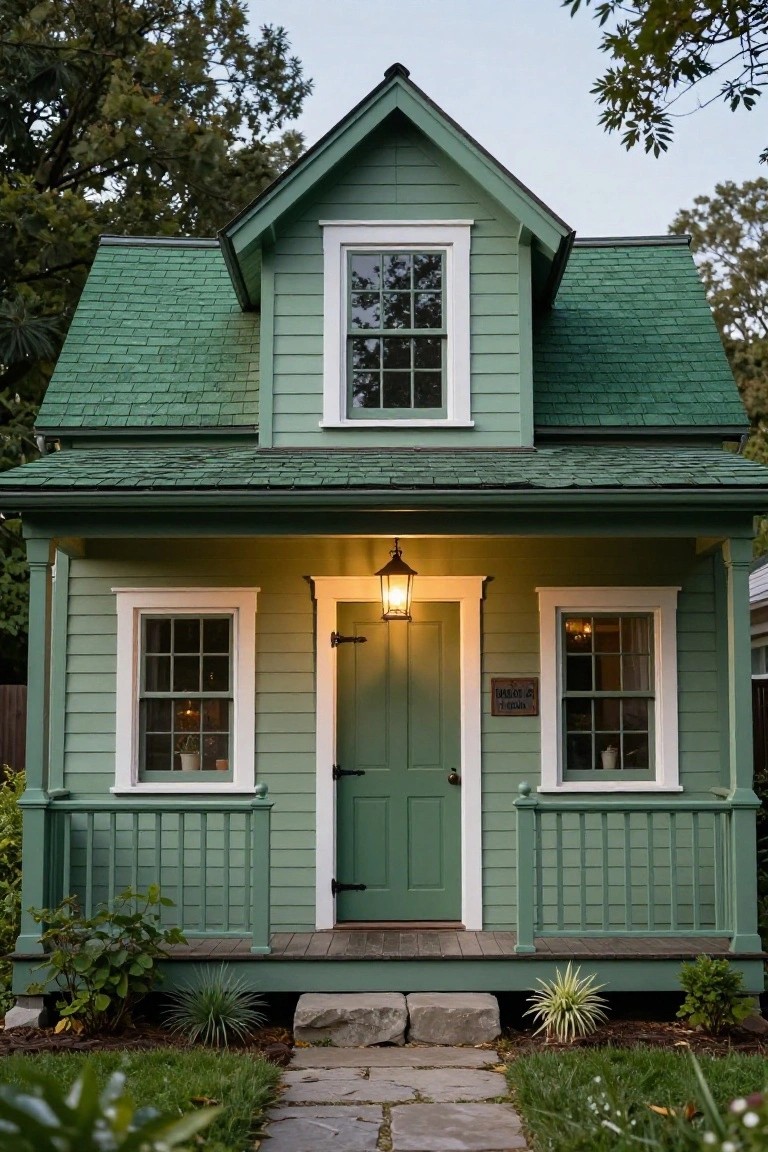 Small green shingle-sided house with matching green gabled roof, front porch with railing, white-trimmed windows, green door lit by lantern, stone path, and plants in yard.