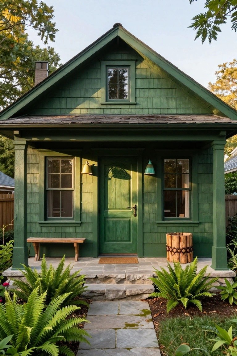 Small green shingled cottage exterior with covered porch, wooden bench, green door, ferns, stone steps, and barrel planter in a garden setting.