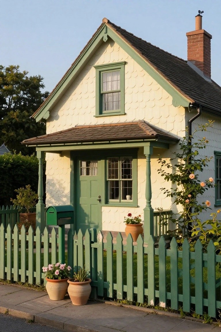 A small cottage house with cream scalloped shingle siding, green trim on windows door and porch, brick chimney, green picket fence, potted plants, and climbing roses.