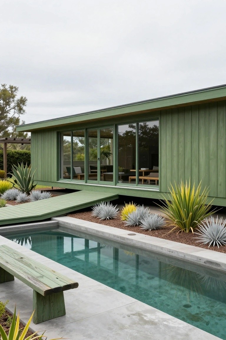 Green vertical board-and-batten wood siding on a modern single-story house with large sliding glass windows, a wooden ramp, turquoise lap pool, green bench, and agave plants in the landscape.