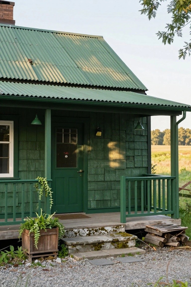 Green shingled cottage house with matching corrugated metal roof, wooden porch, potted plants, and steps leading to a dark green door, surrounded by gravel and countryside.