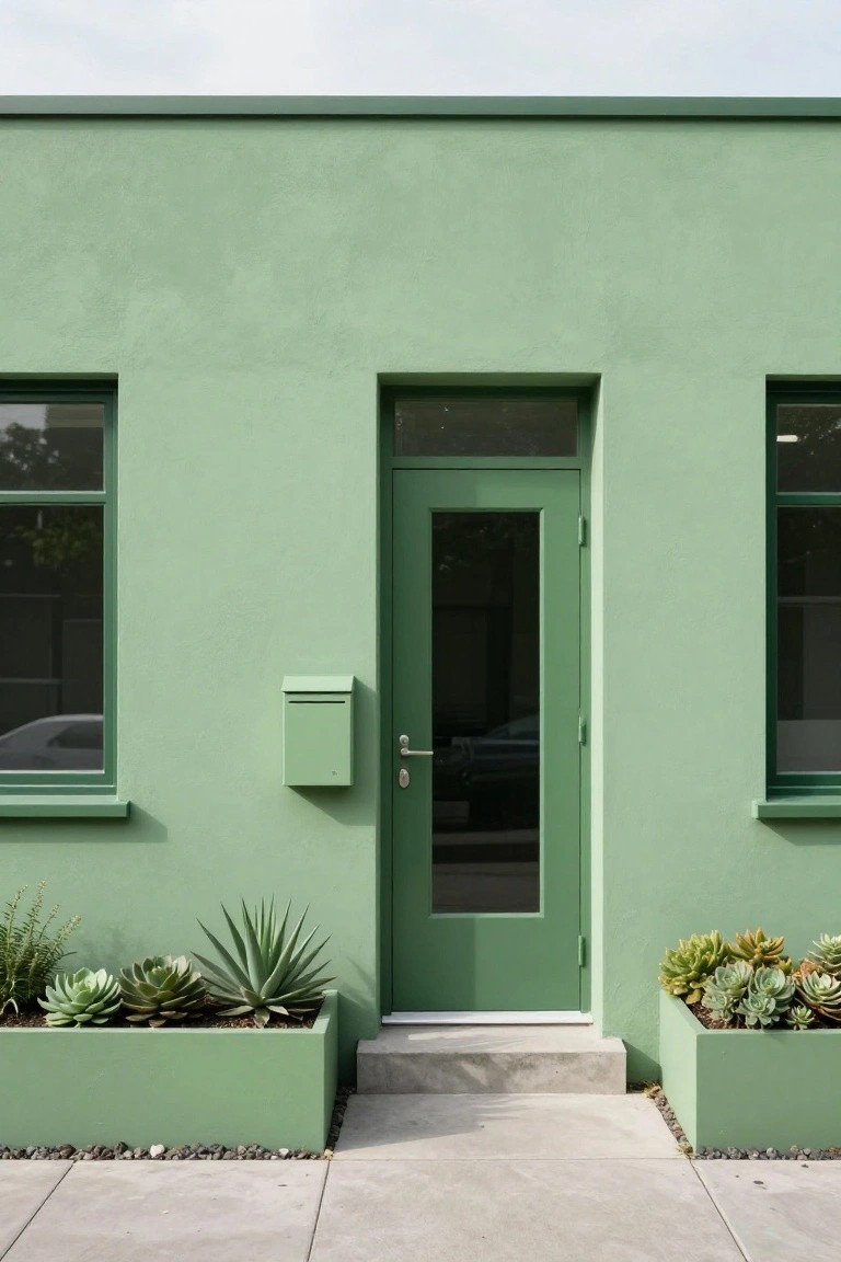 Light green stucco house facade with matching green door, window frames, mailbox, and succulent planters flanking the concrete entry steps.