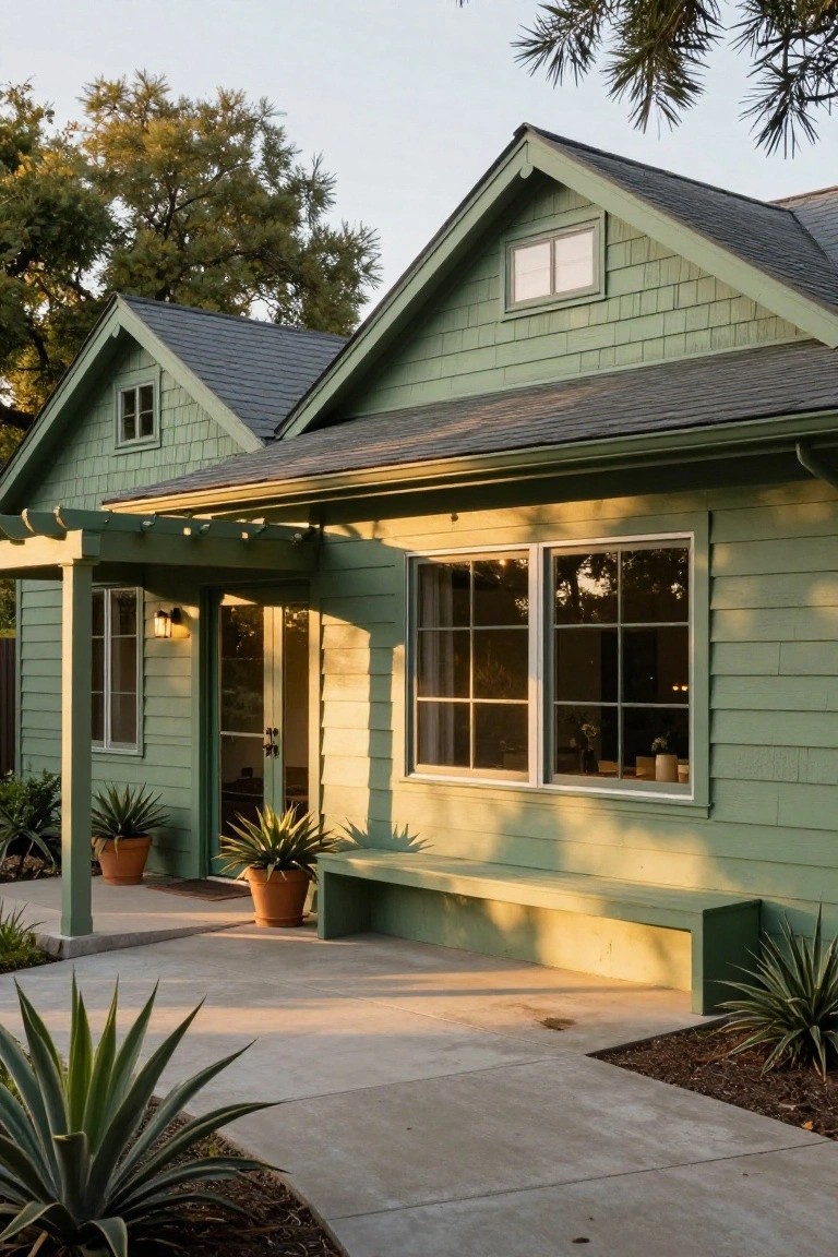 Sage green shingled Craftsman bungalow exterior with gabled roofs, pergola-covered entry porch, large windows, potted plants, bench, and agave plants along a concrete path.