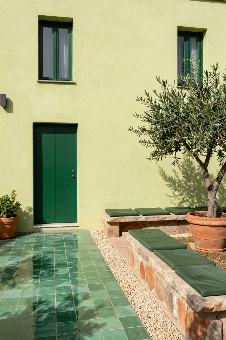 Pale green stucco house wall with dark green door and double windows, olive tree in terracotta pot, stone bench with green cushions, and green glossy tile patio beside gravel path.
