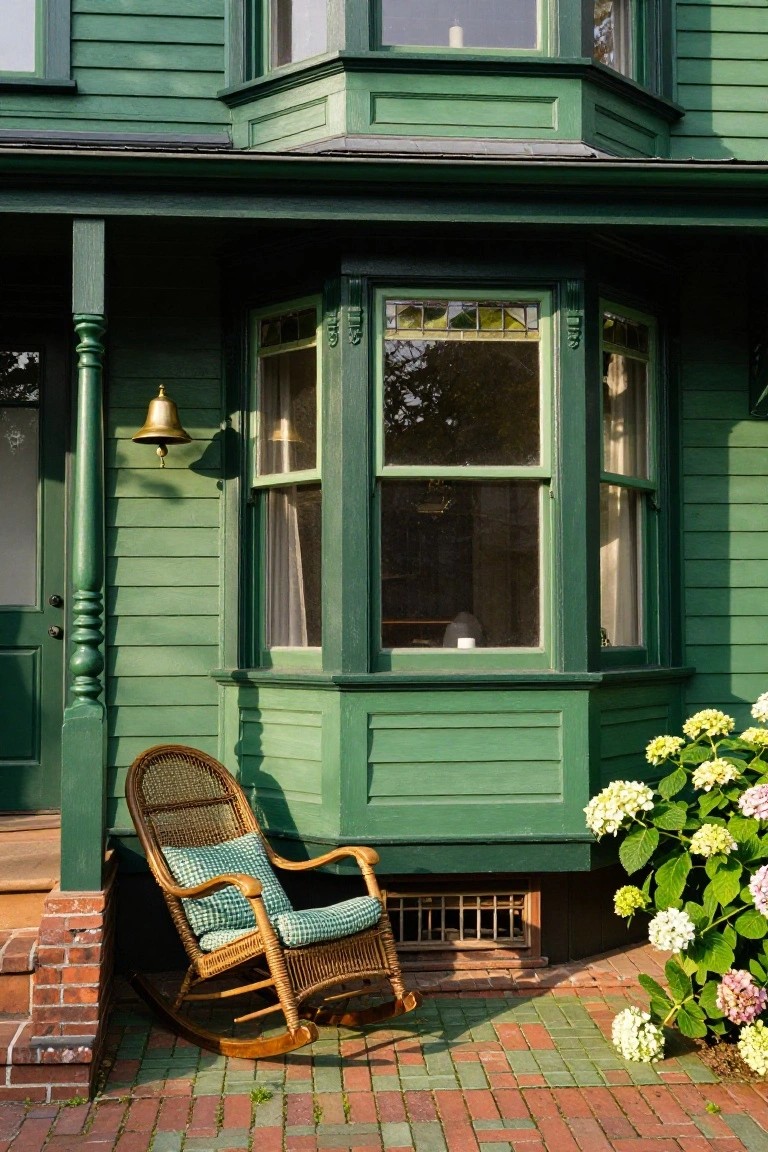 Green Victorian-style house exterior with bay window, green porch posts, brass bell, wicker rocking chair on brick path, and white and pink hydrangea bushes.