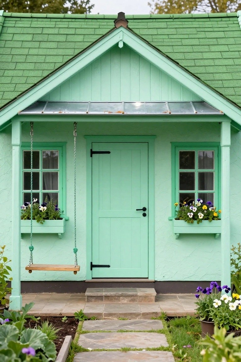 Small mint-green wooden cottage exterior with green shingled roof, matching door and window frames, flower boxes with pansies, hanging porch swing, and surrounding garden plants on stone path.