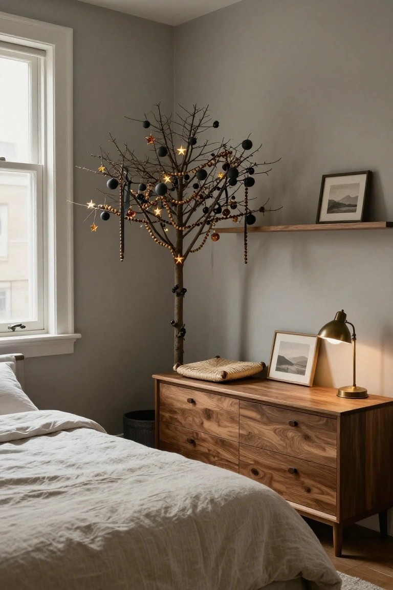Bedroom corner with tall bare black branch tree decorated in black ornaments, gold stars, and string lights, beside wooden dresser, bed with white linens, gray walls, and window.
