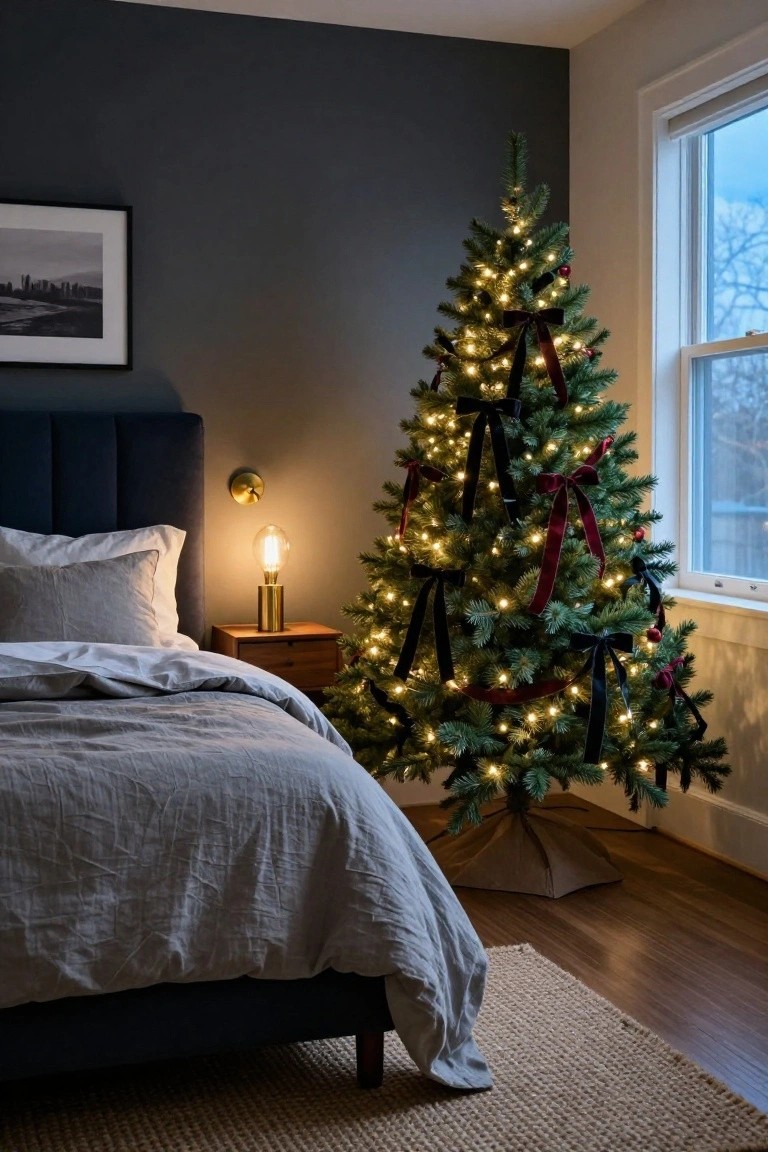 A lit Christmas tree decorated with black and burgundy ribbons stands in the corner of a bedroom with dark blue walls, next to a navy upholstered bed with gray linens, a wooden nightstand with brass lamp, and a window showing bare trees outside.