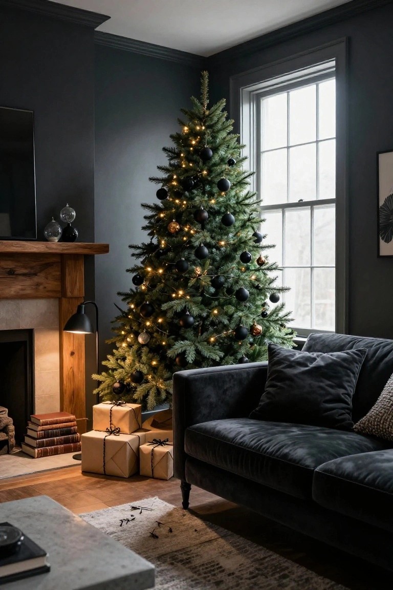 A beautifully decorated Christmas tree with lights, black ornaments, and wrapped gifts in a cozy room.