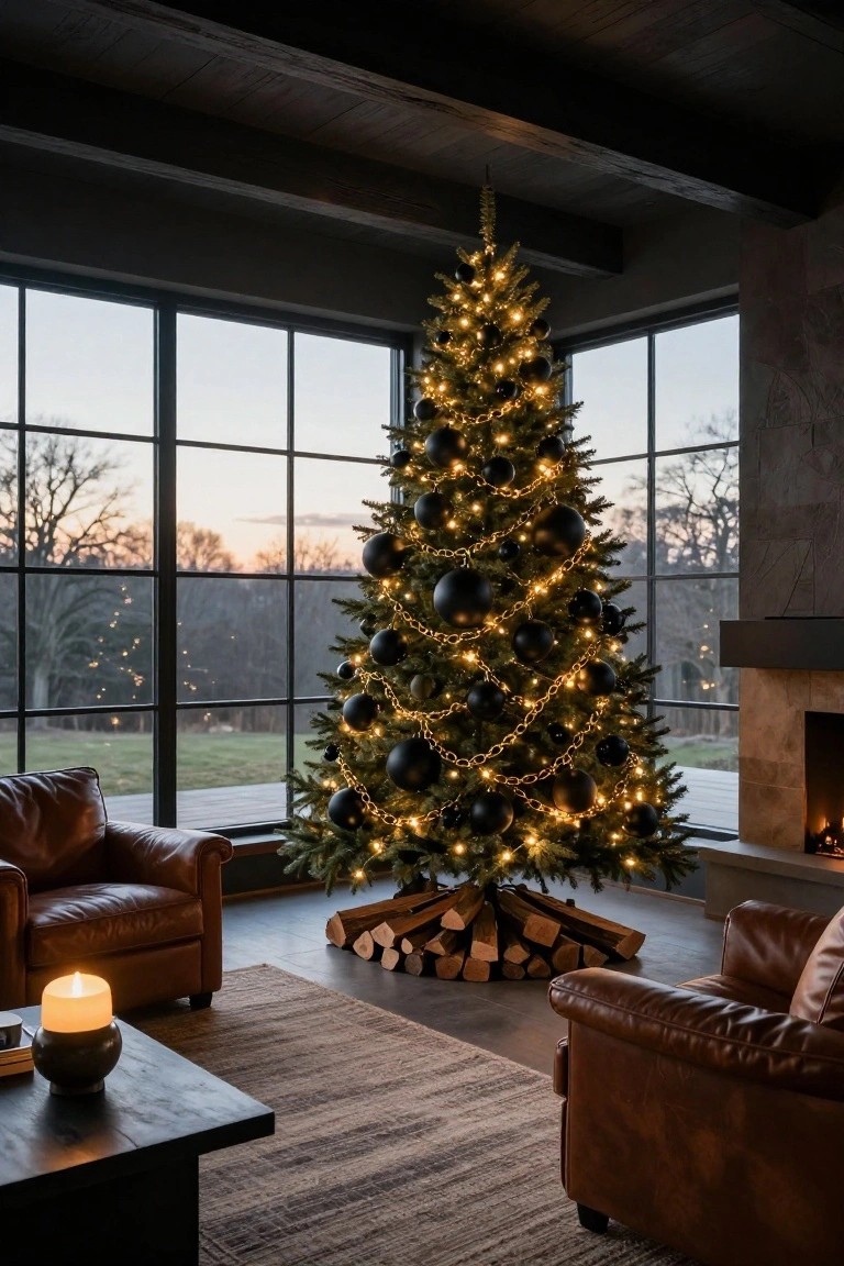 Tall Christmas tree decorated with black ornaments, gold chain garlands, and warm string lights in a modern living room with dark wood beams, large windows showing a winter landscape, leather armchairs, a wood coffee table, candle, and fireplace.