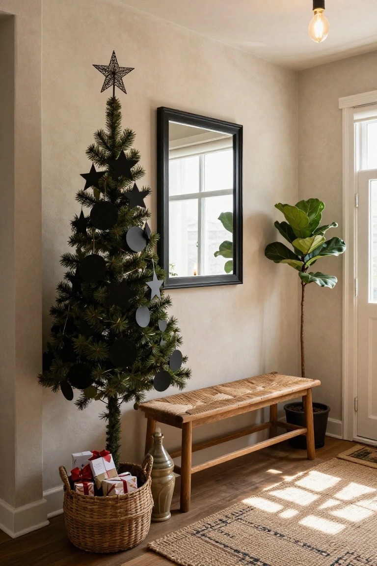 A small green Christmas tree decorated with black star and circle cutouts stands in a beige interior beside a black-framed mirror, fiddle leaf fig plant, wooden bench, and basket of wrapped gifts on a wood floor.