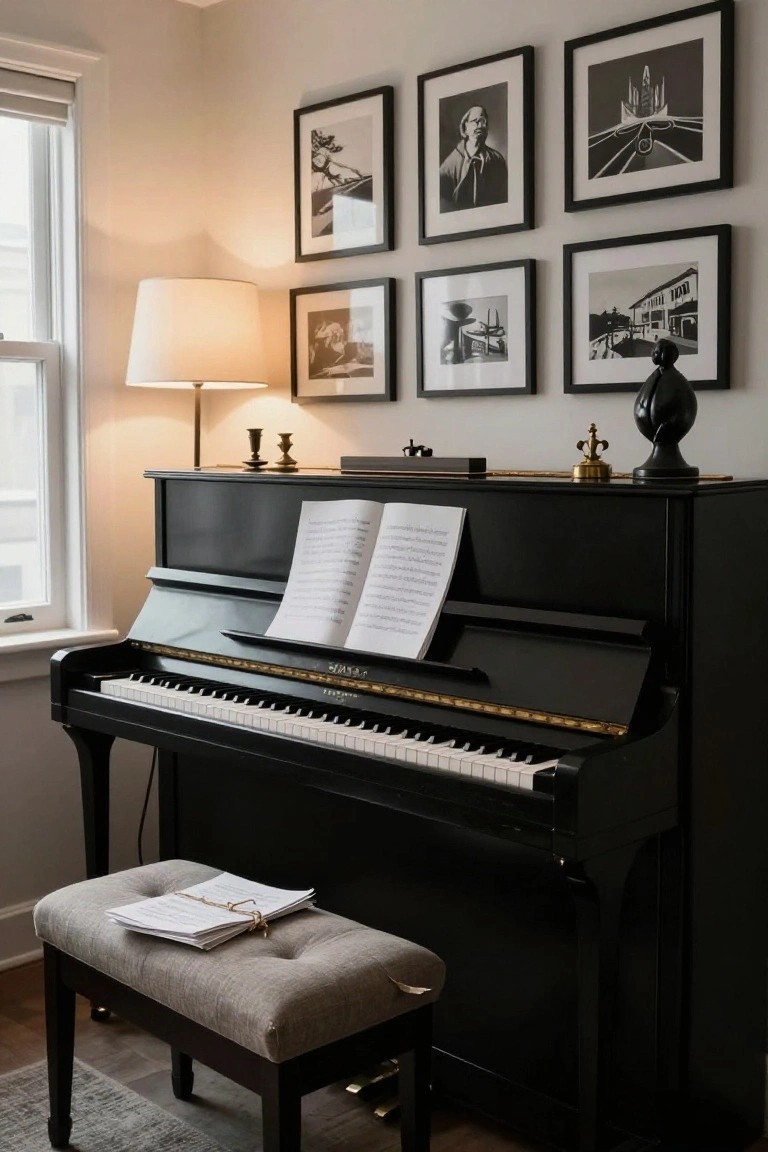 A black upright piano with sheet music, a gray upholstered bench, and framed artworks.