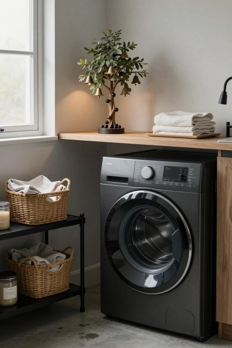 Modern laundry room interior with black front-loading washing machine, wicker baskets holding white linens and towels, black metal shelving unit, potted green plant decorated with brass bells on wooden shelf, neutral walls, and soft window light.