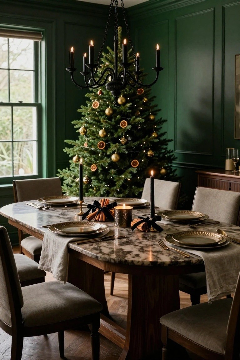 Emerald green paneled dining room with a lit Christmas tree decorated in gold balls and orange slices, black iron chandelier with candles, set wooden dining table with black taper candles and gold-rimmed plates.