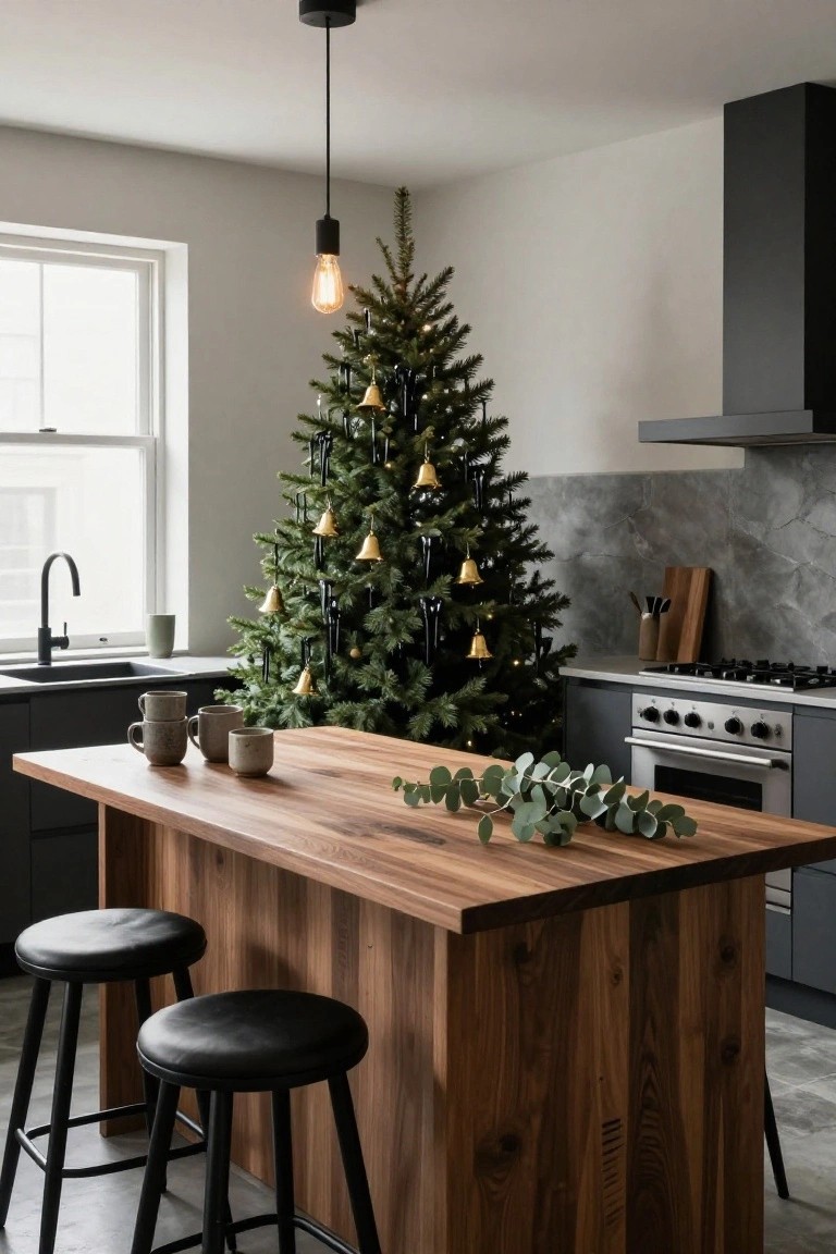 Modern kitchen with dark cabinets, wood island bar, black leather stools, two ceramic mugs and eucalyptus on the counter, sink area, and a decorated Christmas tree in the corner with black hanging strands and gold bells.