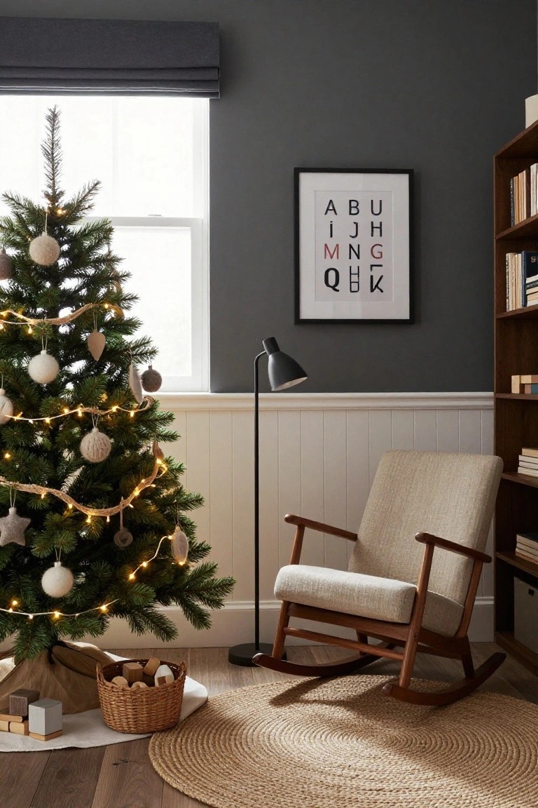 A small artificial Christmas tree decorated with white woolly baubles, beige shapes, and fairy lights stands in a dark gray room beside a beige rocking chair, wooden floor lamp, and bookshelf.