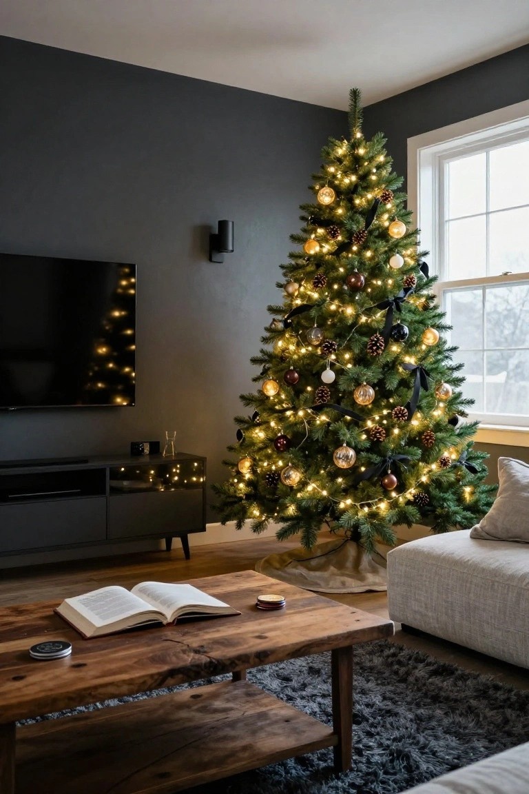 Tall artificial Christmas tree with warm white lights, gold and black ornaments, pinecones, and ribbons in a modern living room with dark gray walls, black TV on media console, wooden coffee table holding an open book, and light gray sofa.