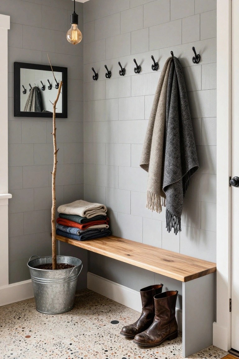 Gray subway-tiled entryway corner with wooden bench holding stacked folded blankets and jeans, metal bucket with branch plant beside it, scarves draped on black wall hooks, black-framed mirror, pair of leather boots on terrazzo floor.