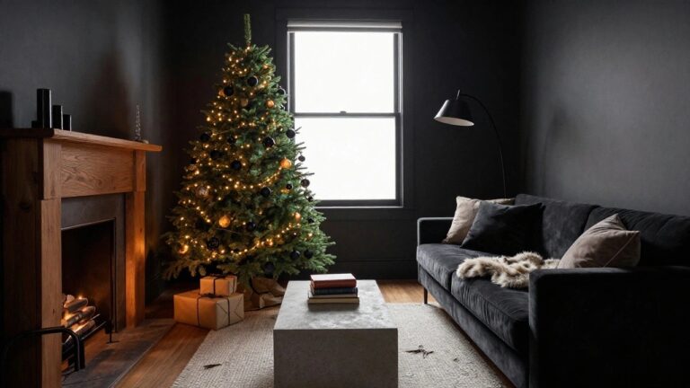 A modern living room features a lush Christmas tree adorned with black ornaments and warm lights, complemented by a dark color palette and cozy furnishings.