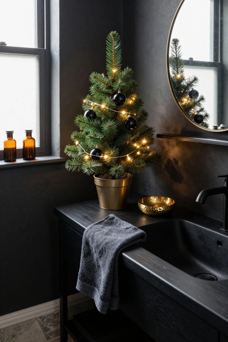 Small potted Christmas tree with black ornaments and white fairy lights placed next to a black sink and vanity in a dark bathroom, with a gold mirror reflecting the tree and two brown glass bottles on the windowsill.