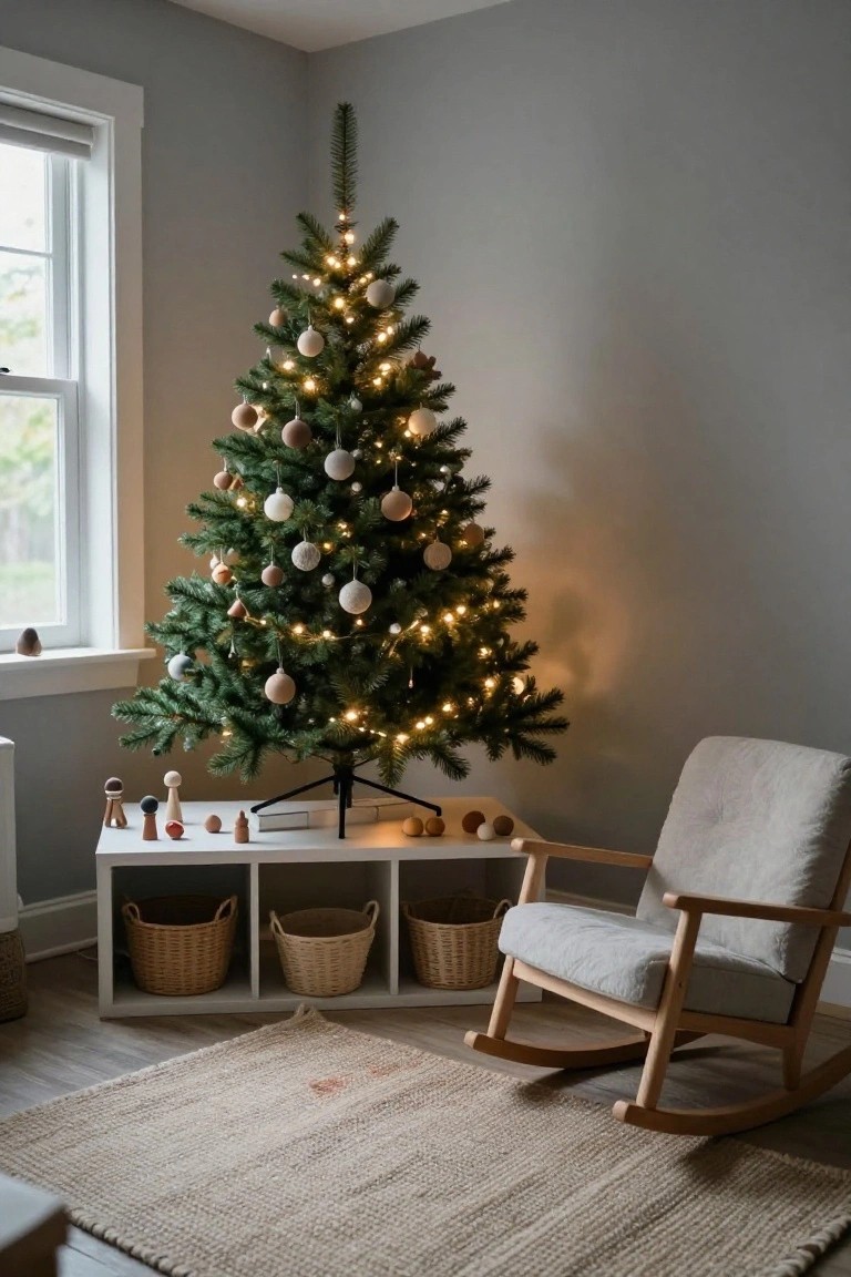 A small lit Christmas tree decorated with neutral beige and white textured ornaments stands in a corner of a light gray room next to a wooden rocking chair and a white shelving unit holding wicker baskets and wooden toys.
