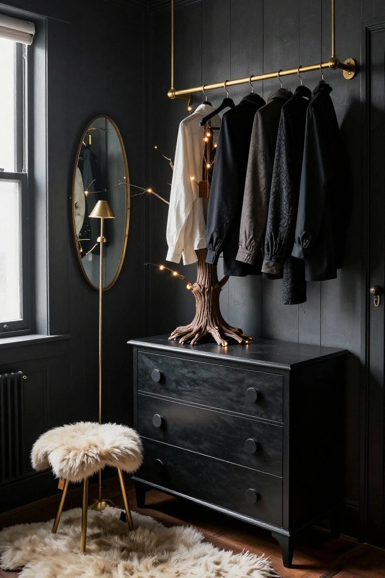 Dark wood-paneled interior corner with brass pipe clothing rail holding various coats and shirts, oval mirror beside conical gold lamp, black dresser topped with tree-shaped wooden sculpture and string lights, gold tripod stool with sheepskin cushion, and sheepskin rug on wood floor.