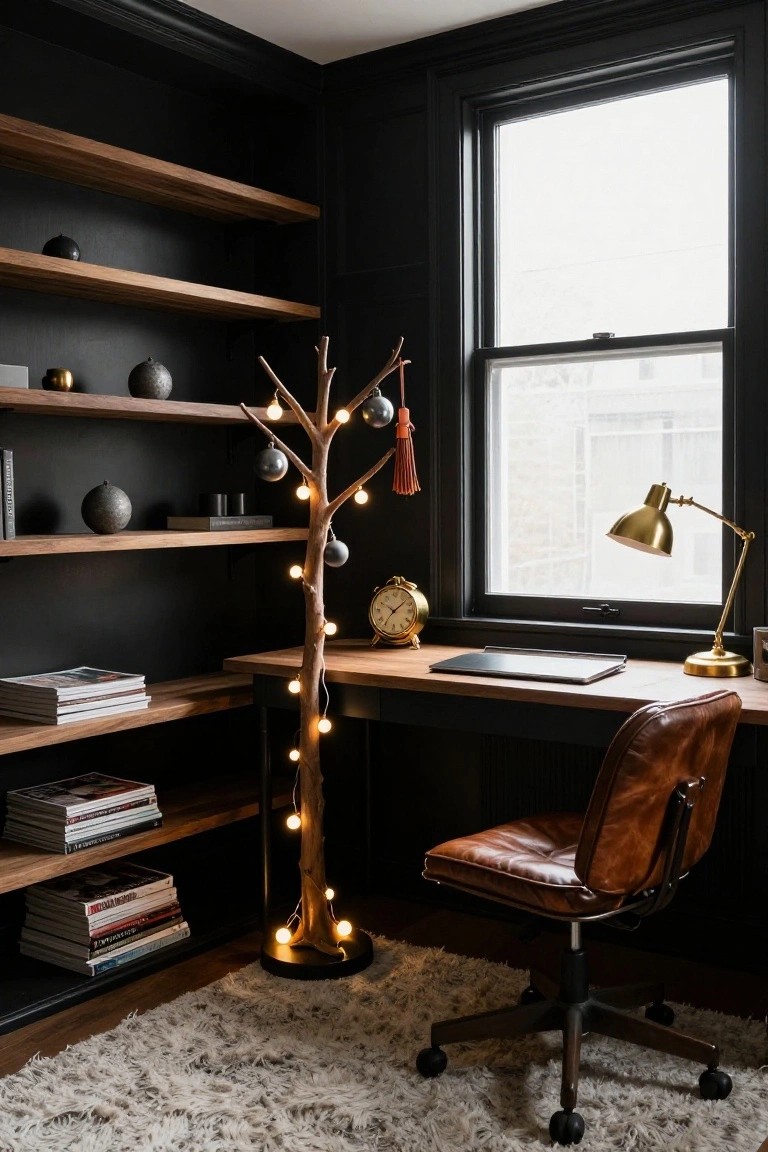 Corner of a black-paneled home office featuring wooden floating shelves with books and ceramics, a wooden desk with a laptop and gold desk lamp, brown leather desk chair, gold clock, tall branch-shaped floor lamp with string lights and round ornaments, and a large window.