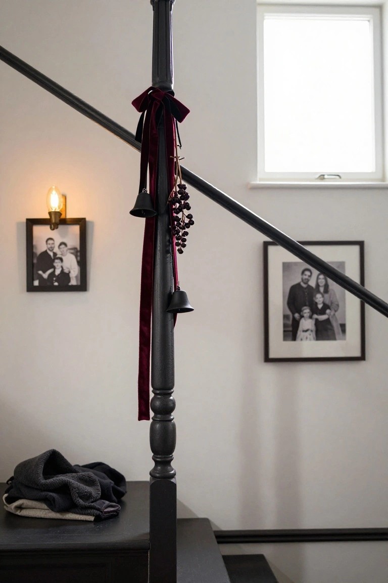 Black wooden stair newel post wrapped in red velvet ribbon with black bells and grape clusters hanging from it, next to framed family photos, a wall lamp, and folded sweaters on a bench.