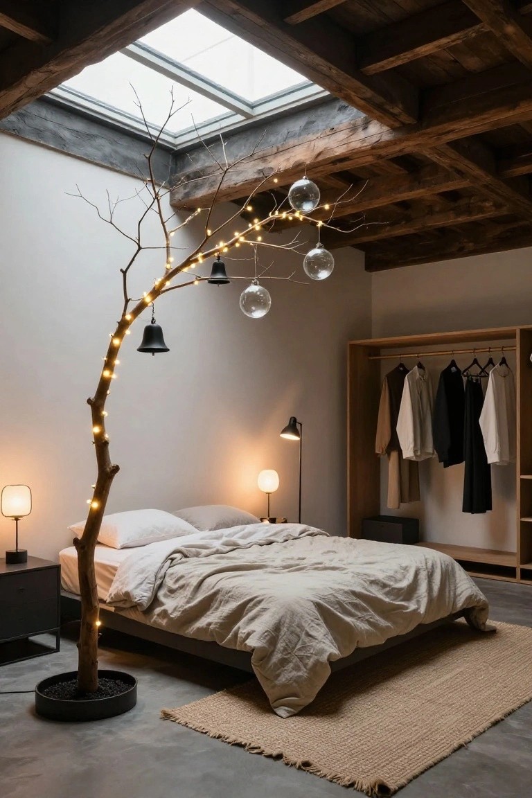 A minimalist bedroom with a tall curved natural branch strung with fairy lights and hung with black bells and clear glass orbs standing next to a low bed, beside a wooden open wardrobe with hanging clothes and two bedside lamps on black stands.