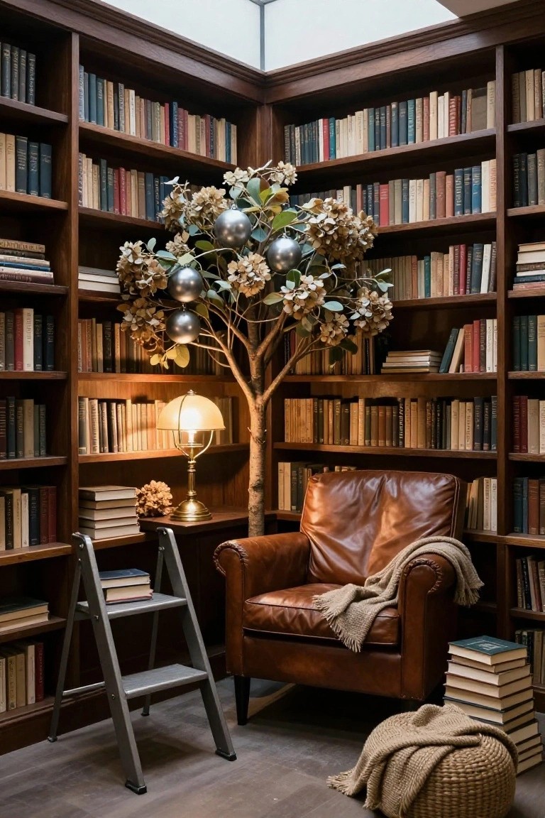 Wood-paneled library corner with tall bookshelves filled with books, a slim potted tree decorated with dried beige hydrangeas and silver baubles, brown leather armchair with cream throw, brass lamp on side table, and metal step ladder.